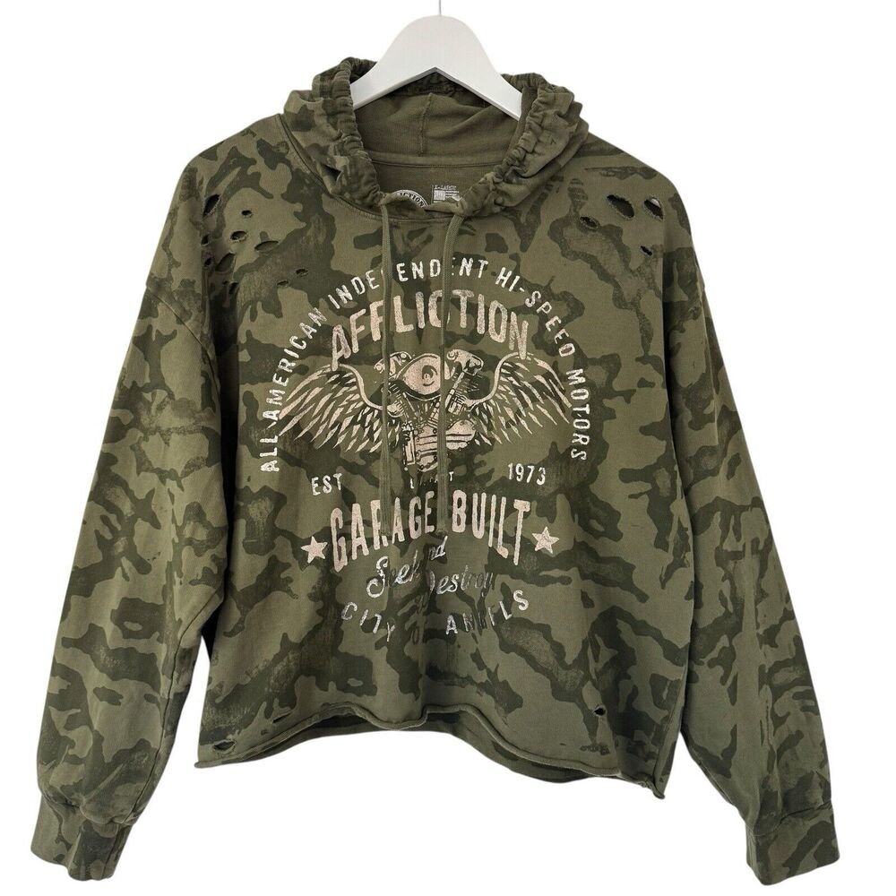 Affliction Garage Built Crop Camo Distressed Hoodie Sweater Cut Outs XL EUC
